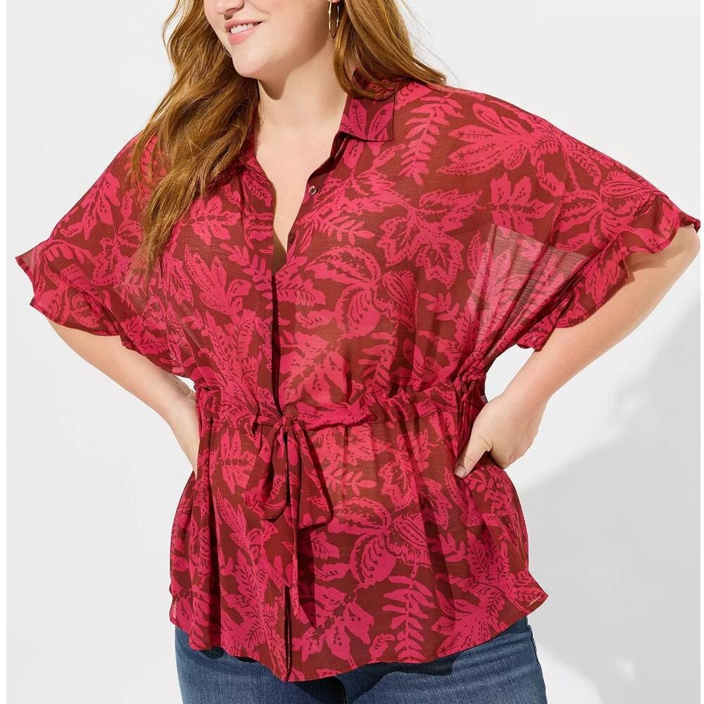 Torrid NEW Maroon & Pink Chiffon Tie Waist Dolman Slv Button Up Blouse 0/Large